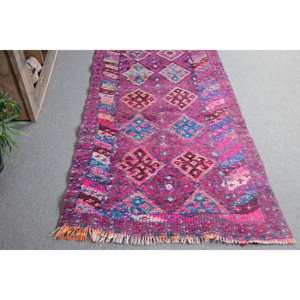 Tapis Vintage Turc Bohème Rose Bleu 3.1X11 ft Laine Grande Surface Patchwork Design pour Couloir Chambre Latex Chambre Tapis De Chevet - Product Image 3