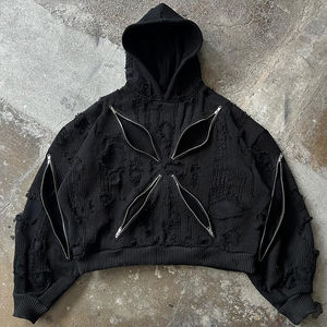 Sudadera con Capucha Desgastada con 4 Cremalleras Delanteras y Cremalleras Dobles en las Mangas, Sudadera Unisex de Felpa 100% Algodón de Alta Calidad Personalizada y Elegante - Product Image 5