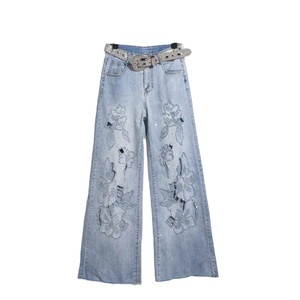 กางเกงยีนส์เอวสูงทรงขากว้างสำหรับผู้หญิง ปักลายดอกไม้ ผ้าเดนิมระบายอากาศ ย้อมเส้นด้าย - Product Image 1