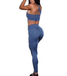 Ensemble de yoga pour femmes, ensemble 2 pièces uni, devant uni, spandex/coton, vêtements de sport confortables, vêtements d'entraînement extensibles, tissu respirant, haute qualité - Product Image 1