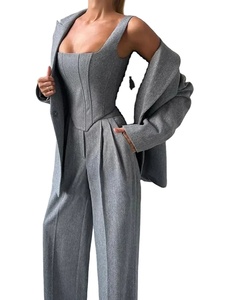 Fishbone Top Blazer Pantalon Ensembles 3 Pièces Pour Femmes Solide Un Bouton Veste Crop Tops Taille Haute Poche Pantalon Dame Bureau Ensemble 2026 - Product Image 4