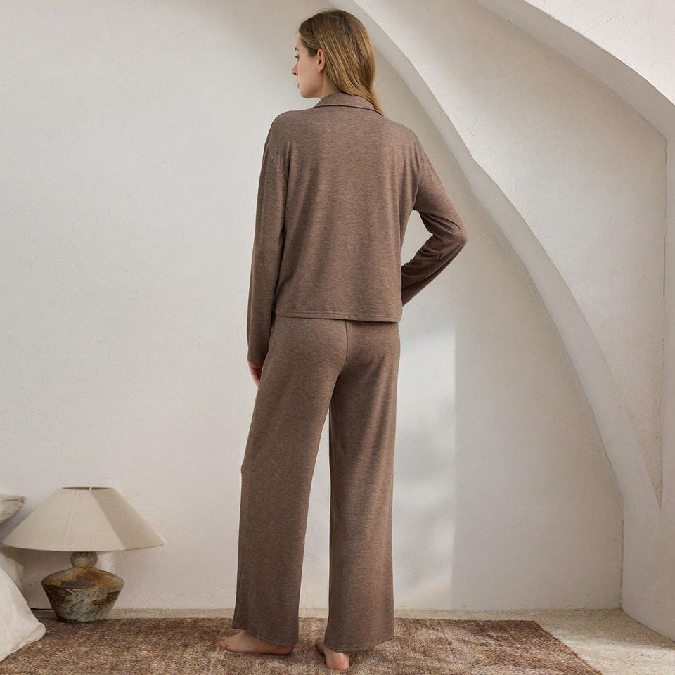 Women Lapel Collar Knit Pajama Set Button Down Long Sleeve Top Wide Leg ...
