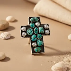 Pendentif croix en argent turquoise avec CZ, or rose platine, topaze, motif Jésus, bijoux en pierres précieuses pour femmes - Product Image 1