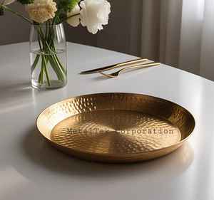 Bandeja Redonda Dorada Martillada de Alta Calidad para Servir Alimentos, Vajilla de Lujo Estilo Árabe, Bandejas Metálicas Decorativas para Almacenar Frutas - Product Image 2
