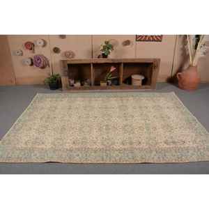 พรมตุรกีวินเทจสีเบจสีฟ้า5.4 x 8.5ft ทำด้วยมือสไตล์ทาบริซเย็บปะติดปะต่อกันสี่เหลี่ยมผืนผ้าลายทางเดินผ้าขนสัตว์โพลีเอสเตอร์ลาเท็กซ์ - Product Image 4