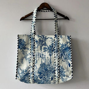 Bleu blanc bloc impression femmes épaule sac fourre-tout matelassé Boho Style bonbons motif à la mode ouvert lavable pour plage pique-nique - Product Image 1