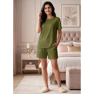 Women's Olive Shorty Short-Sleeved 2-Piece Fluid <b>for</b> <b>Summer</b> Comfortable Knitted Spandex Custom Logo Drawstring Closure - Product Image 1