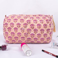Trousse de Maquillage de Voyage Personnalisable en Coton, Grande, Durable, Écologique, Imperméable, à Fermeture Éclair, Motif Pêche Vintage, Faite à la Main en Inde