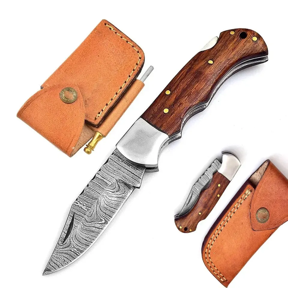 Custom Handmade Top Quality Damascus Steel Camping Folding Knife with Wooden Handle and Leather Case