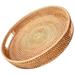 Plateau en rotin de bambou fait main plateau en rotin avec poignée tissé à la main rond haut mur plateaux de séparation des aliments multi-usages - Product Image 5