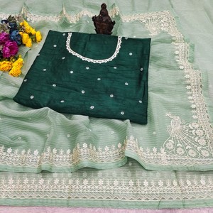 Sari de Diseño VASTRA COTTAGE, Tela con Forro Suave y Estampado, con Bordado Elegante, Lentejuelas y Trabajo Butti, con Blusa de Seda Suave en Contraste - Product Image 4