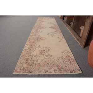 Alfombra de lana turca Vintage de 2,4x9,5 pies, tejido plano de retazos beige y rosa para decoraciones de sala de estar con respaldo de látex - Product Image 2