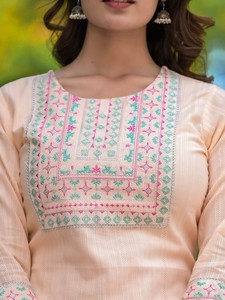 Elegant Indian/Pakistani Style Knee-Length O-Neck <b>Three</b>-Quarter Sleeve A-Line Casual Sweet Embroidered Cotton Salwar Kameez - Product Image 5