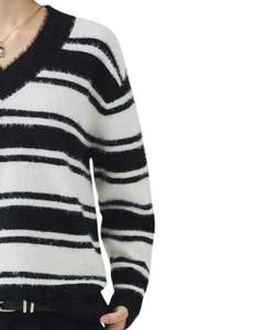 Custom Black <b>White</b> Striped Women V Neck Sweater Soft <b>Knit</b> Pullover Long Sleeve Winter Casual Fashion Jumper For Wholesale Sale - Product Image 3