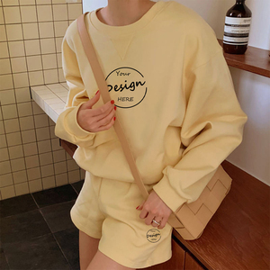 Conjunto de Ropa de 2 Piezas para Mujer, Sudadera con Cuello Redondo y Pantalones Cortos por Encima de la Rodilla, Estilo Urbano, Holgado, para el Hogar, Chándal, Diseño Personalizado - Product Image 4