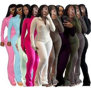 Ensemble de survêtement rétro brodé 2 pièces pour femme, décontracté, hiver, avec sweat à capuche zippé et pantalon évasé coupe bootcut, couleur unie, style athleisure - Product Image 1