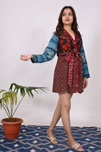 Vestido corto de seda con estampado de seda hecho a mano, Top para mujer, ropa de fiesta corta informal para niñas, minivestido Formal de noche de manga larga moderno - Product Image 4