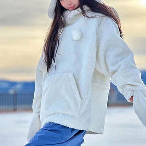 Low Moq Service Printed Pullover sherpa Hoodie with <b>Distressed</b> Design White <b>Balaclava</b> white Color Loose Fit Hooded Collar - Product Image 2