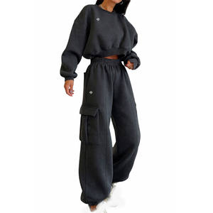 Women Cropped Sweatshirt Tracksuit with Cargo Jogger Pants Elastic Waist <b>Athletic</b> Activewear Clothing Manufacturing - Product Image 1