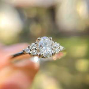 5x7mm Oval Cut Moissanite Engagement Ring | Cluster Side <b>Stones</b> | Gold Silver Bridal Wedding Fine Jewelry OEM - Product Image 5