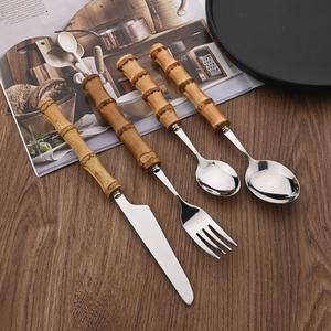 Mesa de comedor contemporánea Juego de cubiertos perfecto Acero inoxidable y madera con pulido de espejo Juego de cubiertos moderno - Product Image 1