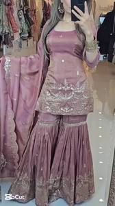 Último diseñador pesado bordado hilo trabajo Faux Georgette Dupatta indio pakistaní Palazzo traje hecho de seda para fiestas - Product Image 4