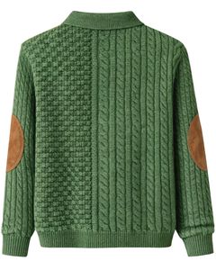 Customized Mens Mixed Texture <b>Cable</b> <b>Knit</b> Polo <b>Sweater</b> Long Sleeve Button Neck Winter Pullover With Elbow Patch In Forest Green - Product Image 2