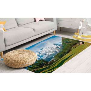 Tapis Paysager Nanga Parbat : Tapis imprimé avec vue sur les montagnes et les prairies féériques, tapis fin non tissé - Product Image 1