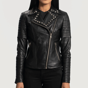 Women's Genuine Sheepskin Leather Biker Style Motorbike Jacket Winter Windproof Studded Notch Collar Black Breathable Motorcycle - Product Image 1