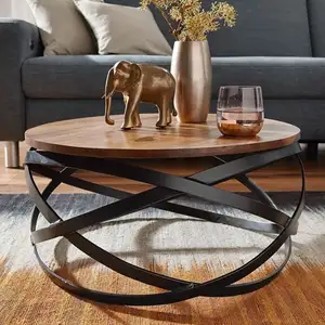 طاولة قهوة بتصميم مشترك على شكل أوراق شجر على شكل طبل من المعدن والخشب لديكورات المنزل أثاث غرفة المعيشة / طاولات جانبية للتخزين