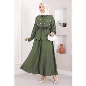 Conjunto Casual de 2 Piezas en Crepé Caqui con Falda con Cintura Adornada con Piedras y Top Corto para Primavera/Verano/Invierno - Product Image 1