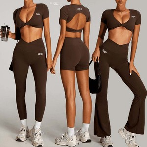 Perfect Women 4 Piece Yoga Set <b>Brown</b> Deep V Neck Crisscross Twist High Waist Seamless Spandex Polyester Shorts - Product Image 1