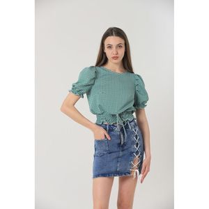 Blusa a Cuadros Esmeralda para Mujer Topshow con Cintura Elástica, Tela Jacquard de Algodón y Poliéster, Manga Larga, Estilo Casual - Product Image 1