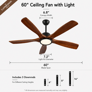 60 Inch <b>Ceiling</b> <b>Fan</b> <b>with</b> Light and <b>Remote</b>, Solid Wood Downrod Mount <b>Ceiling</b> <b>Fan</b> <b>with</b> Quiet DC Motor for Living Room - Product Image 6