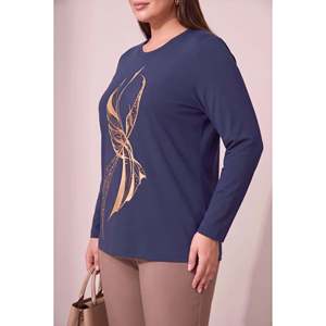 Blusa de punto con detalle de estampado especial, talla grande, color azul marino - Product Image 2