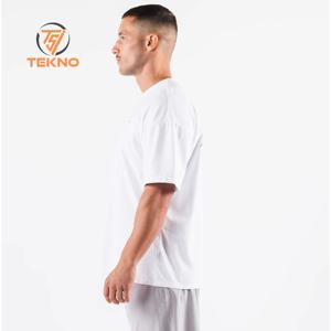 T-Shirt de luxe pour hommes 100% coton 220gsm surdimensionné Boxy Fit goutte épaule faux col rond léger respirant Jersey solide motif avant - Product Image 3