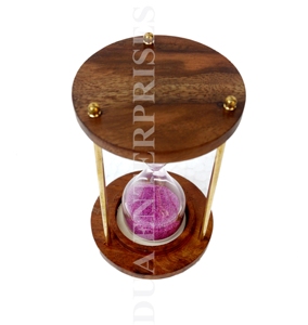 Wooden <b>decorative</b> <b>sand</b> timer hourglass with purple <b>sand</b>, supported by golden rods, for timing and desk decoration. - Product Image 3