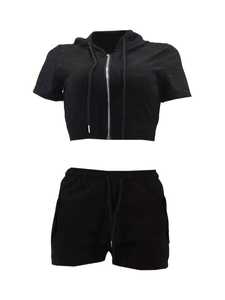 Conjunto informal de dos piezas, tops con cordón recortado y cremallera y pantalones cortos de cintura elástica, ropa de mujer - Product Image 3