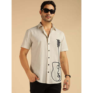 Amanush <b>Men's</b> Off White Cotton Short Sleeve Casual Shirt With Hand Drawn Guitar Print Turn-down Collar Breathable Summer Wear - Product Image 1