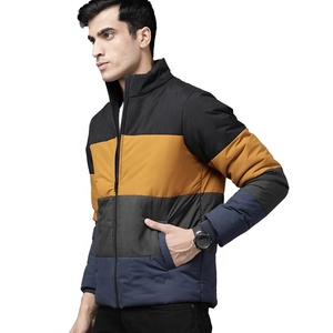 Veste matelassée pour homme, couleur noire et jaune moutarde, blocs de couleur, fermeture éclair intégrale, col montant, veste d'hiver pour homme - Product Image 3