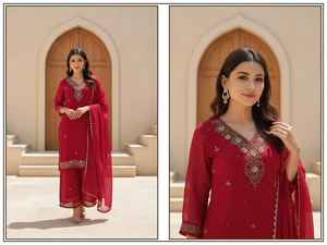 Kurti en Georgette de la meilleure qualité avec ensemble palazzo pour les fêtes et les mariages, pour femmes - Product Image 3