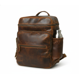 Sac à dos de voyage de luxe en cuir véritable Ganges Grain Caramel marron foncé, léger (1,45 kg), imperméable, avec personnalisation manuelle - Product Image 4