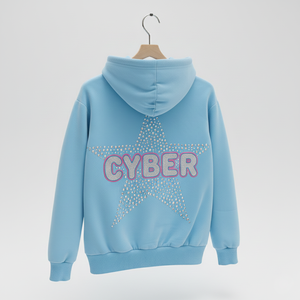 Custom Logo Rhinestone Star Zip Pullover Hoodie <b>Y2K</b> Cyber Bubble Letters Baby Blue Unisex Winter <b>Streetwear</b> 100% Cotton Fleece - Product Image 1