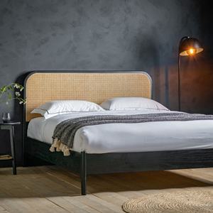 Cadre de lit en teck massif Sonia et tête de lit en rotin tissé naturel avec finition noire. - Product Image 3