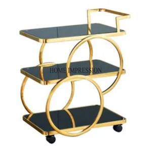 Premium Handcrafted Gold Plated <b>Metal</b> 3 Tier Serving <b>Trolley</b> Designed <b>With</b> Glass Tray For Luxury Food And Drinks Serving Ware - Product Image 4