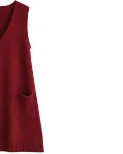 Customized Wine Red <b>Womens</b> Knitted Sleeveless Sweater Vest V Neck With Front Pockets Casual Winter Layering OEM Factory - Product Image 2