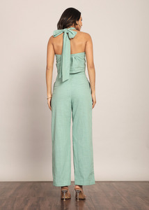 Ensemble coordonné occidental vert menthe uni tissé longueur ras du sol pour femme, haut ajusté au buste et pantalon ample à boutons, collection printemps-été - Product Image 4