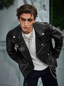 Chaqueta de motociclista de talla grande para hombre al por mayor, moda de invierno, piel de cordero PU con cremallera, abrigo de bombardero negro - Product Image 4