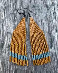 Orange and <b>Blue</b> Stripe Beaded Fringe <b>Earrings</b>, Desert Aesthetic <b>Earrings</b> - Product Image 1