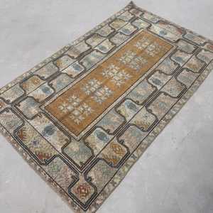 3.9x6.4 ft Rug, Vintage Turkish Rug, <b>Brown</b> Striped <b>Wool</b> Rug - Product Image 3
